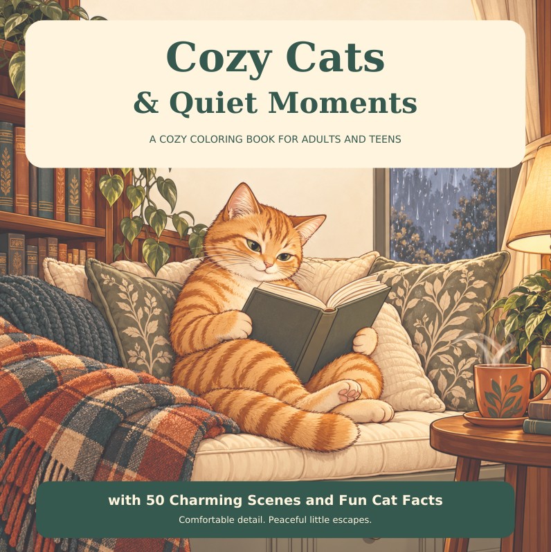 Cover of Cozy Cats & Quiet Moments: A Cozy Coloring Book for Adults and Teens with 50 Charming Scenes and Fun Cat Facts