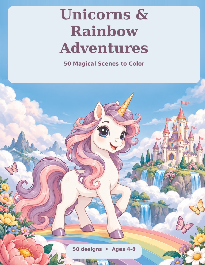 Cover of Unicorns & Rainbow Adventures: 50 Magical Scenes to Color